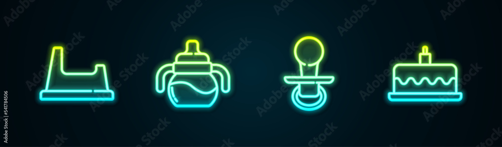 Canvas Prints set line baby potty, bottle, dummy pacifier and cake with burning candles. glowing neon icon. vector