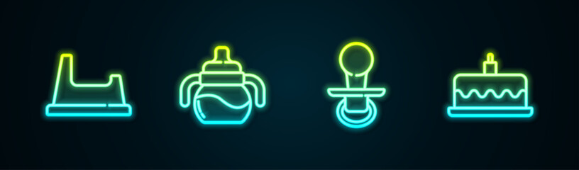 Set line Baby potty, bottle, dummy pacifier and Cake with burning candles. Glowing neon icon. Vector