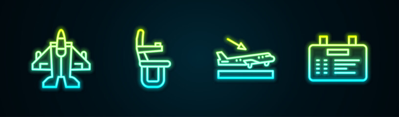 Set line Jet fighter, Airplane seat, Plane landing and Airport board. Glowing neon icon. Vector