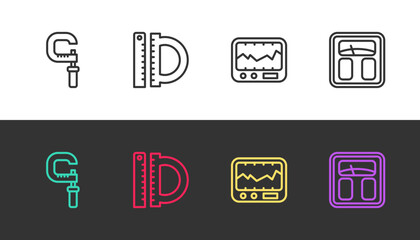 Set line Micrometer, Protractor and ruler, Measuring instrument and Bathroom scales on black and white. Vector