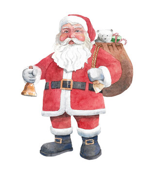 Santa Claus standing with a bag of gifts and holding a golden bell, watercolor isolated on white or transparent background	