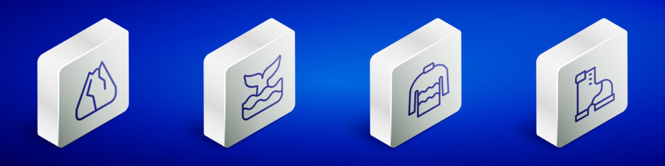 Set Isometric line Mountains, Whale tail, Sweater and Winter warm boot icon. Vector