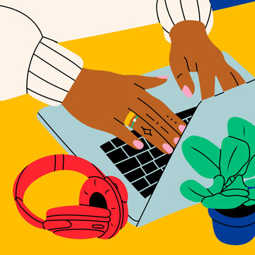 Female Hands Working On Laptop. Headphones And Plant On Working Desk. Top View From Side. Working, Chatting, Study, Communication, Work From Home Concept. Hand Drawn Modern Vector Illustration