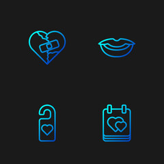 Set line Calendar with heart, Please do not disturb, Healed broken or divorce and Smiling lips. Gradient color icons. Vector