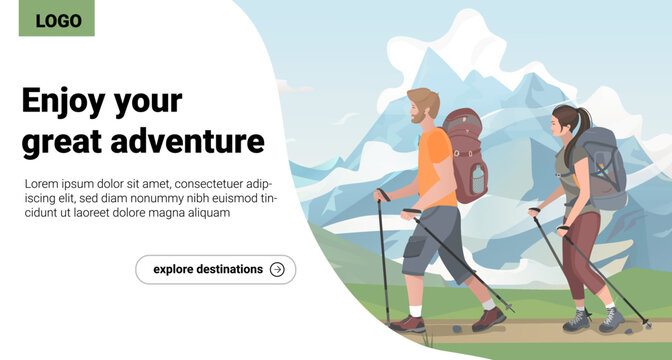 Family adventure outdoor hiking. Couple of young tourists with backpacks. Vector template with place for text. Website landing page.