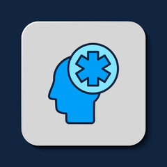 Obraz premium Filled outline Male head with hospital icon isolated on blue background. Head with mental health, healthcare and medical sign. Vector