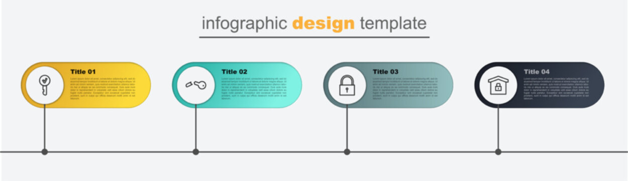 Set Line House Under Protection, Lock, Broken Key And Key. Business Infographic Template. Vector