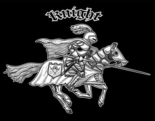A knight on a horse. Black and white image.