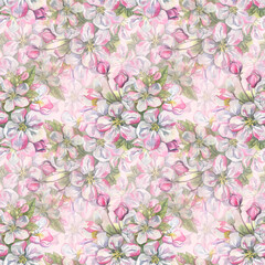 Watercolor illustration is a seamless pattern of flowering fruit trees and garden tools. A fresh and beautiful floral set for springtime. For design, textiles and wallpaper.