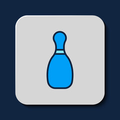 Filled outline Bowling pin icon isolated on blue background. Vector