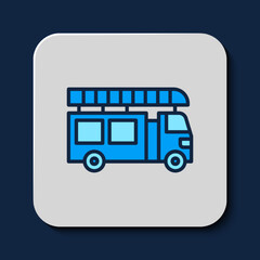 Filled outline Fire truck icon isolated on blue background. Fire engine. Firefighters emergency vehicle. Vector