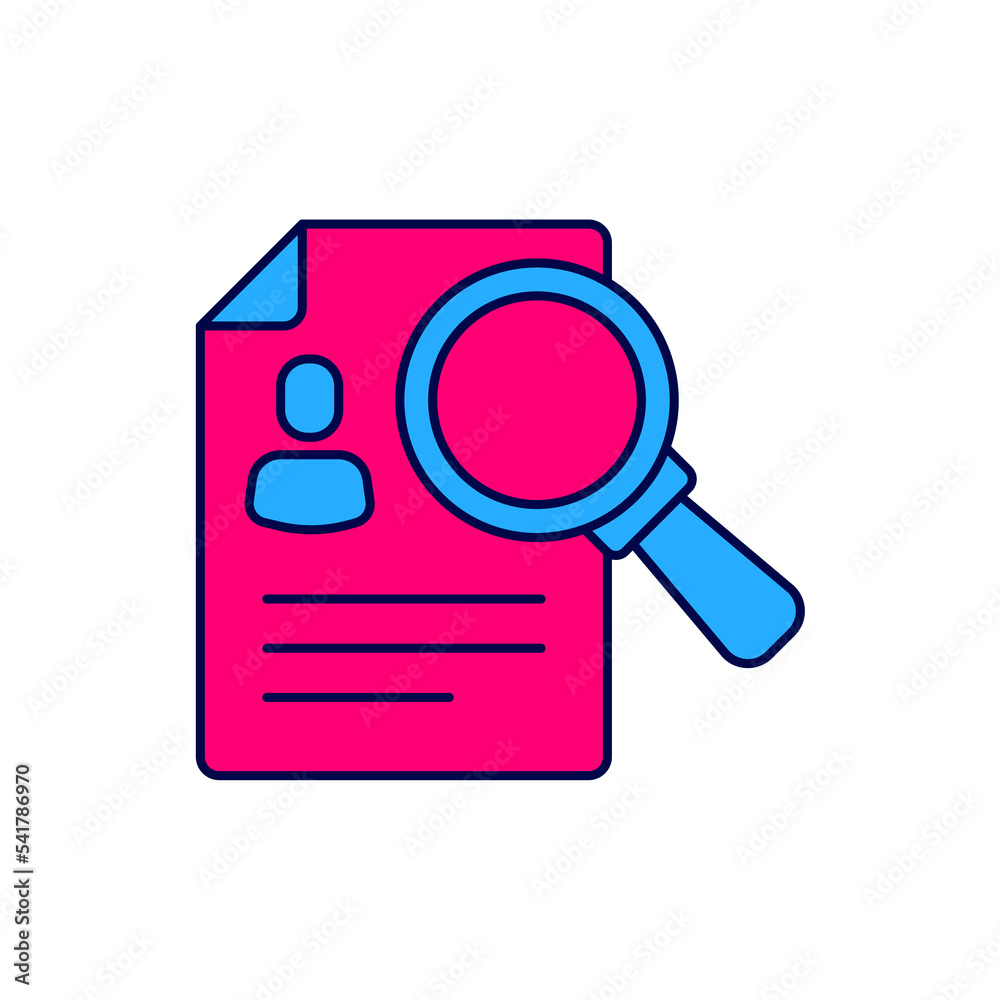 Poster filled outline document, paper analysis magnifying glass icon isolated on white background. evidence