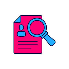 Filled outline Document, paper analysis magnifying glass icon isolated on white background. Evidence symbol. Vector