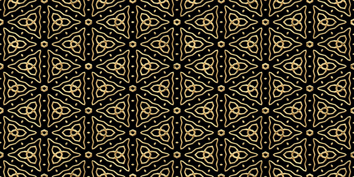 Seamless golden Art Deco or Nouveau ancient Aztec or Mayan tribal pattern. Abstract gold plated Celtic knot triangle motif on black background. Elegant maximalist gilded wallpaper 3D rendering.