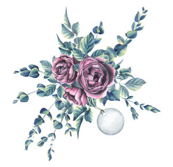 Peony-shaped roses in leaves and with eucalyptus twigs with a paper tag on a string. Watercolor illustration. Bouquet from the collection of WEDDING FLOWERS. For registration and design