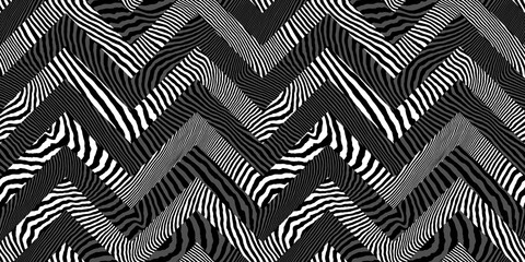 Seamless tiger stripe or zebra skin zig zag chevron herringbone contemporary patchwork fashion pattern. Black and white safari wild animal background texture. Trippy abstract wavy wonky lines motif.