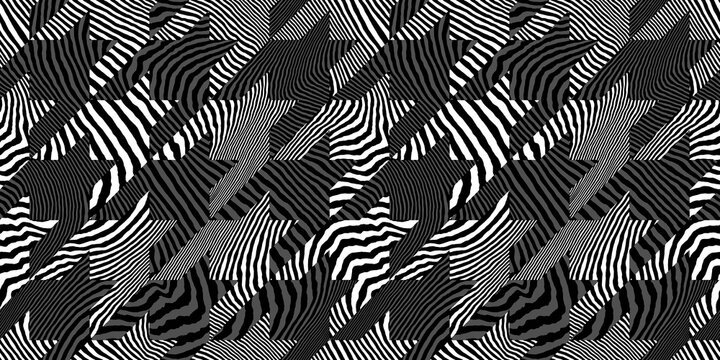 Seamless tiger stripe or zebra skin houndstooth or dogtooth contemporary patchwork fashion pattern. Black and white safari wild animal print background texture. Trippy abstract wavy wonky lines motif.