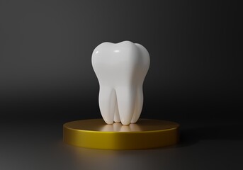 Cured white tooth standing on a gold podium against a black background. 3D rendering