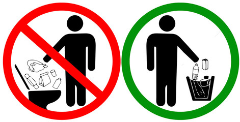 Do not litter in toilet icon use wastebasket instead. Keep clean sign. No to throw garbage into toilet in prohibition warning caution red circle isolated on white background.