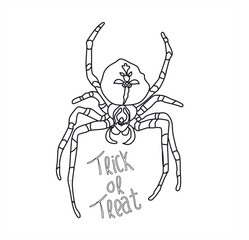 monochrome line art illustration of a spider with trick or treat typography