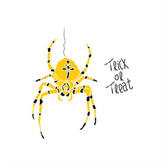 yellow spider with black stripes and trick or treat typography