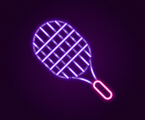 Glowing neon line Tennis racket icon isolated on black background. Sport equipment. Colorful outline concept. Vector