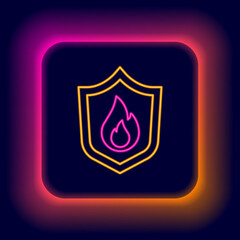 Glowing neon line Fire protection shield icon isolated on black background. Insurance concept. Security, safety, protection, protect concept. Colorful outline concept. Vector