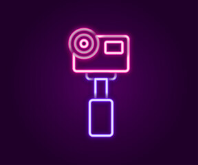 Glowing neon line Action extreme camera icon isolated on black background. Video camera equipment for filming extreme sports. Colorful outline concept. Vector