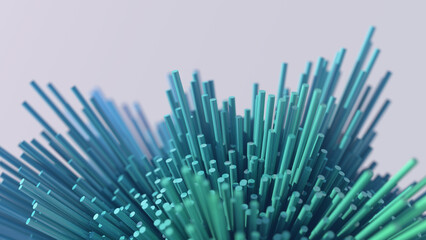 Group of green and blue cylinders. Gray background, close-up. Abstract illustration, 3d render.