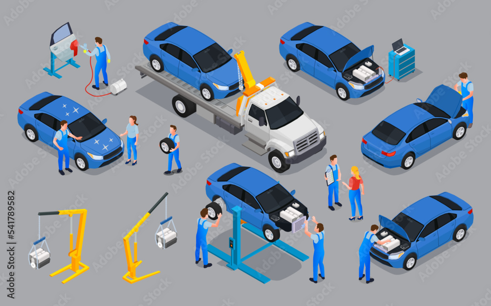 Poster car service isometric icons