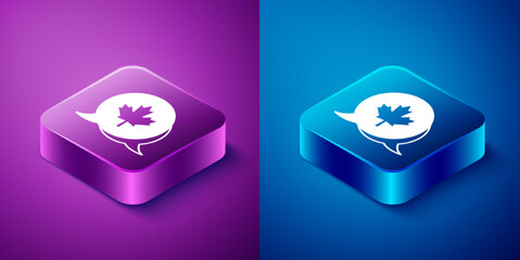 Isometric Canadian maple leaf icon isolated on blue and purple background. Canada symbol maple leaf. Square button. Vector