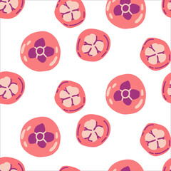 Seamless pattern with whole and cut mangosteen stylized in orange and pink colors.