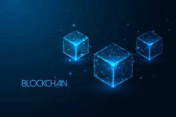 Futuristic concept of blockchain technology in glowing low polygonal style on dark blue background