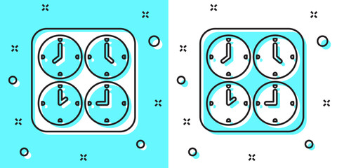Black line Time zone clocks icon isolated on green and white background. Random dynamic shapes. Vector