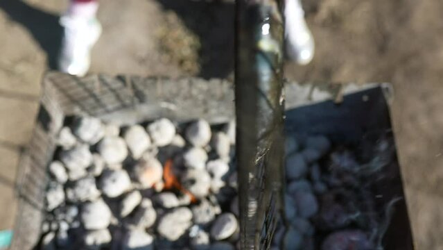 Grilling dorada fish on grill. Close view