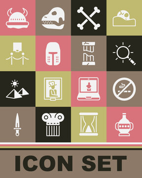 Set Ancient amphorae, No Smoking, Magnifying glass, Crossed human bones, Medieval iron helmet, Picture and rope barrier, Viking horned and Broken ancient column icon. Vector