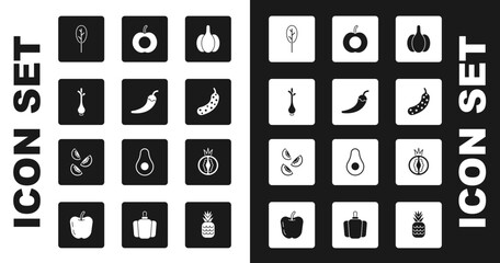 Set Garlic, Hot chili pepper pod, Fresh green onions, Spinach, cucumber, Peach fruit, Tomato and icon. Vector