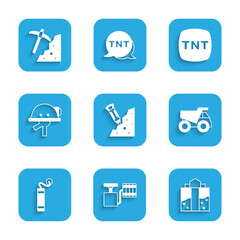 Set Construction jackhammer, Handle detonator, Mine entrance, Mining dump truck, Dynamite, Miner helmet, and Pickaxe icon. Vector