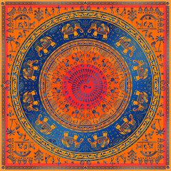 Obraz premium Warli paynting - hand drawn traditional the ancient tribal art India. Pictorial language is matched by a rudimentary technique depicting rural life of the inhabitants of India
