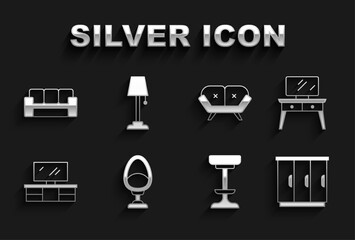 Set Armchair, Dressing table, Wardrobe, Chair, TV stand, Sofa, and Floor lamp icon. Vector