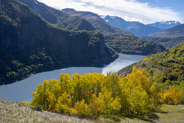 View of Lac du Chambon resrvoir below with beautiful autumn fall colors in the foreground, near Mizoen village in Isere, Rhyone-Alpes, France