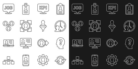 Set line Human resources, Head with question mark, Time Management, Key performance indicator, hunting, Project team base, Speech bubble job and icon. Vector