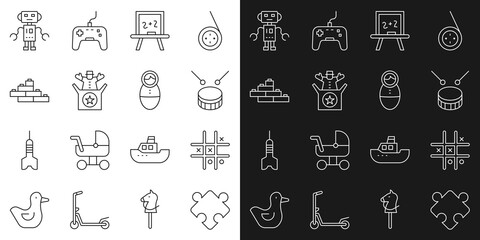 Set line Puzzle pieces toy, Tic tac toe game, Drum with drum sticks, Chalkboard, Jack in the box, Toy building block bricks, Robot and Tumbler doll icon. Vector