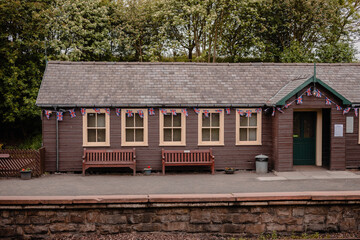 Durham UK: 7th June 2022: Tanfield Railway Station during the Queens Jubilee (No people)