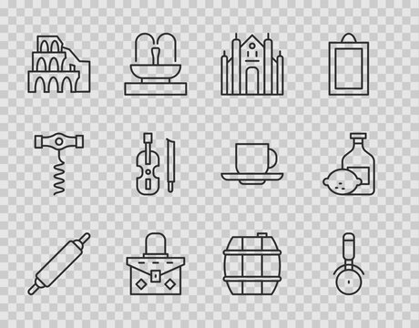 Set line Rolling pin, Pizza knife, Milan Cathedral, Handbag, Coliseum Rome, Violin, Barrel for wine and Limoncello bottle icon. Vector