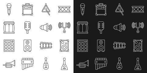 Set line Balalaika, Stereo speaker, Musical tuning fork, Triangle, Microphone, Drum, and Speaker volume icon. Vector