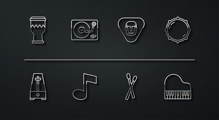 Set line Drum, Metronome with pendulum, Dial knob level, sticks, Music note, tone, Vinyl player vinyl disk, Grand piano and Guitar pick icon. Vector