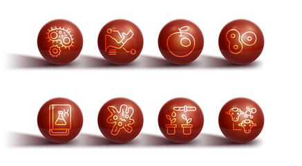 Set line Virus, Genetic engineering book, Cell division, Pipette and plant, Prosthesis hand, Cloning and Genetically modified apple icon. Vector