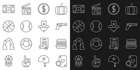 Set line Casino chip and playing cards, Burger, Pistol or gun, Coin money with dollar, Baseball ball, Basketball, Flag Confederate and Western cowboy hat icon. Vector