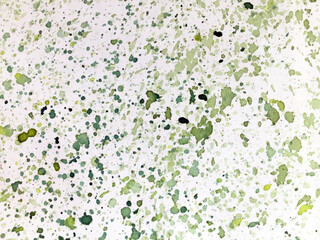 Watercolor small splashes of different shades of green on a white background